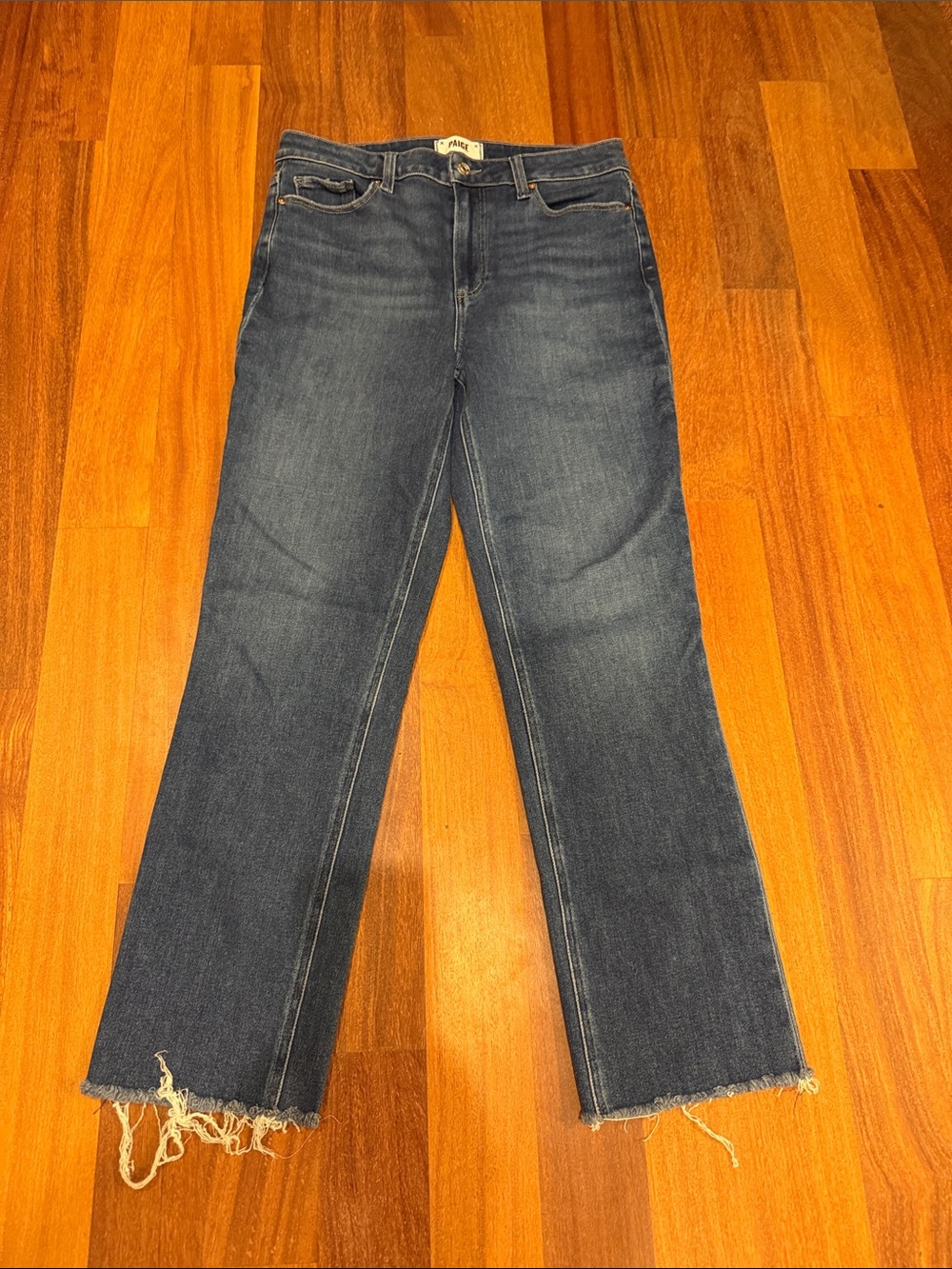 PAIGE Dark Blue Cropped Straight Jeans with Raw Hem